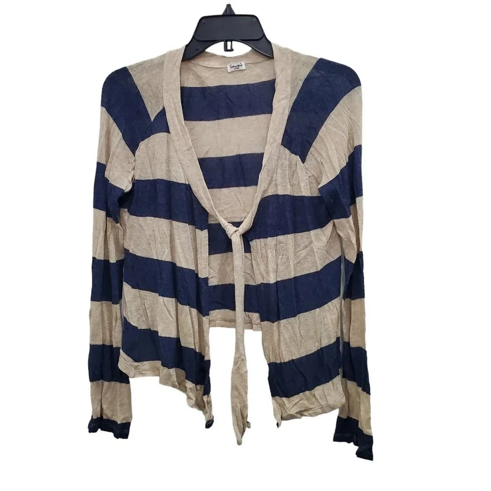 Splendid Women's Blue Beige Rugby Stripe Tie Front Light Cardigan USA Made Sz L‎